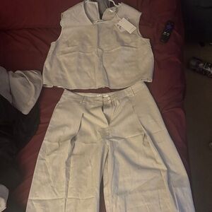 Commense Cream Wide Leg Pants & Sleeveless Top Set